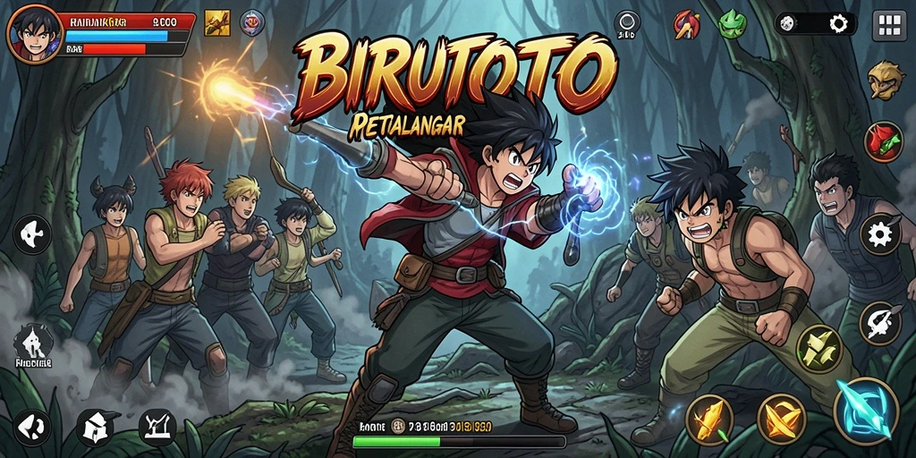 Screenshot BIRUTOTO menampilkan aksi pertempuran seru dengan karakter anime.