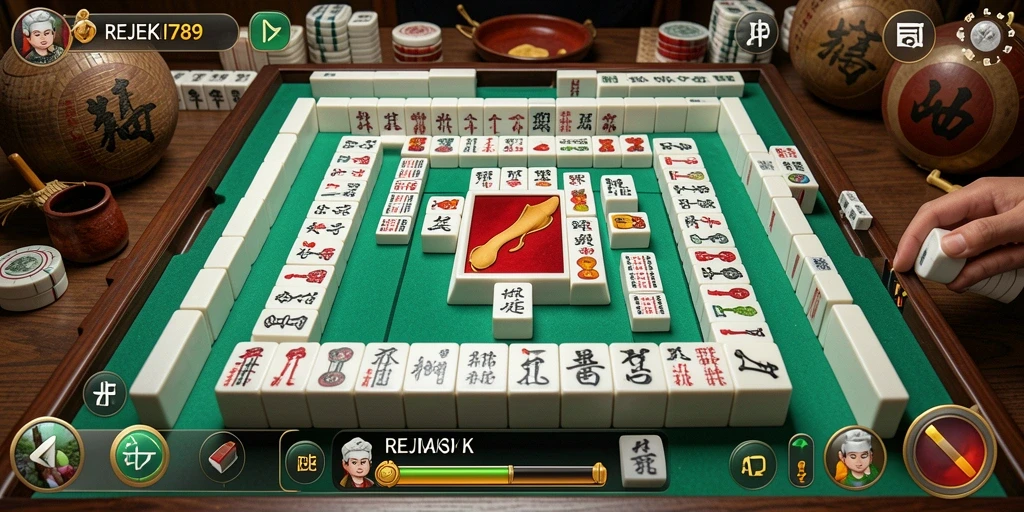 Tangkapan layar gameplay REJEKI789 yang menunjukkan keseruan permainan Mahjong.